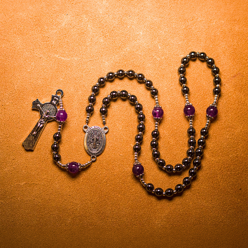 The Violet Rosary of Chastity, handmade hematite bead rosary for The Violet Dragon of Lust
