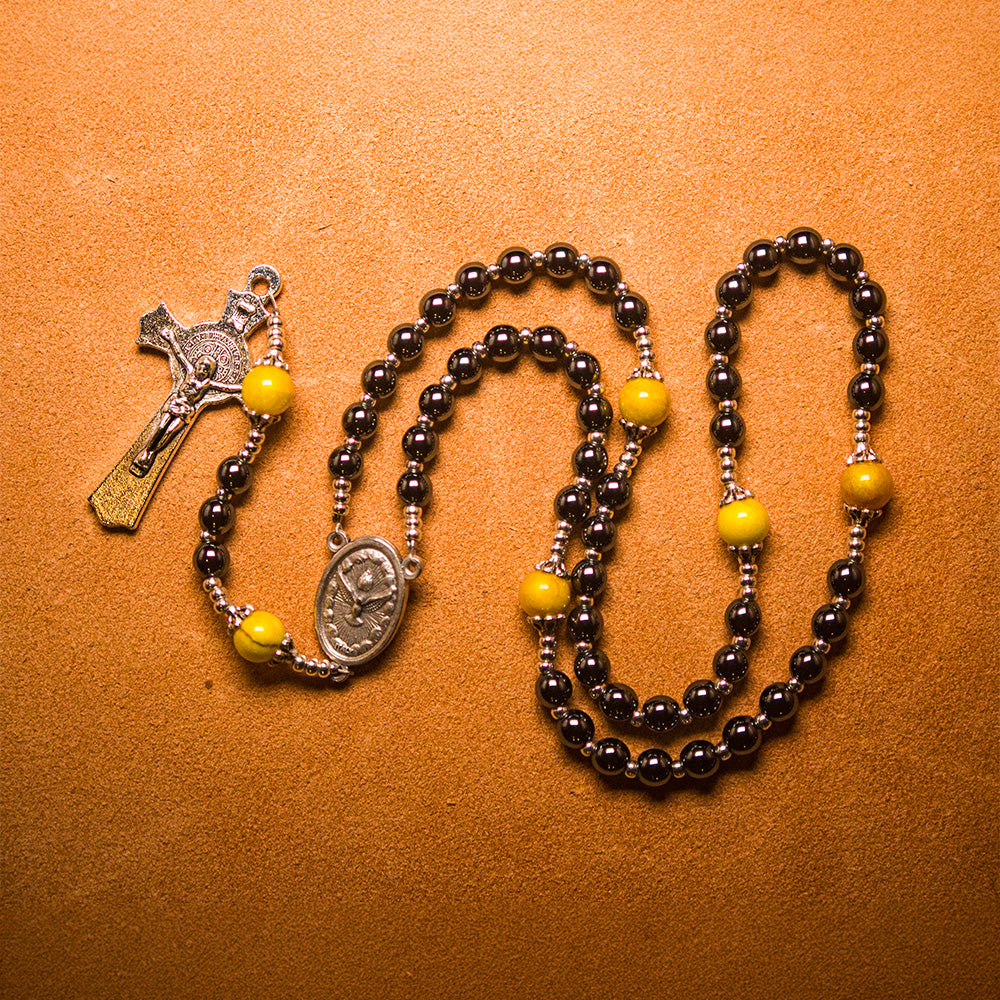 The Yellow Rosary of Zeal, handmade hematite bead rosary for The Yellow Dragon of Sloth