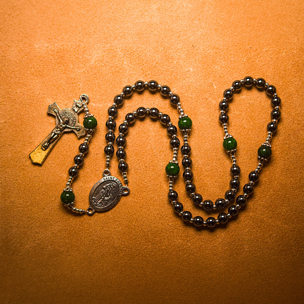 The Green Rosary of Generosity, handmade hematite bead rosary for The Green Dragon of Greed